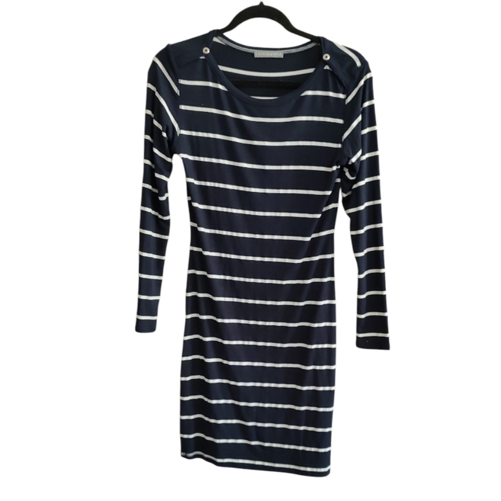 Loveappella Navy and White Striped Long Sleeve Dress